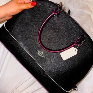 Coach crossbody purse, silver fixtures, white, pink and purple seam details